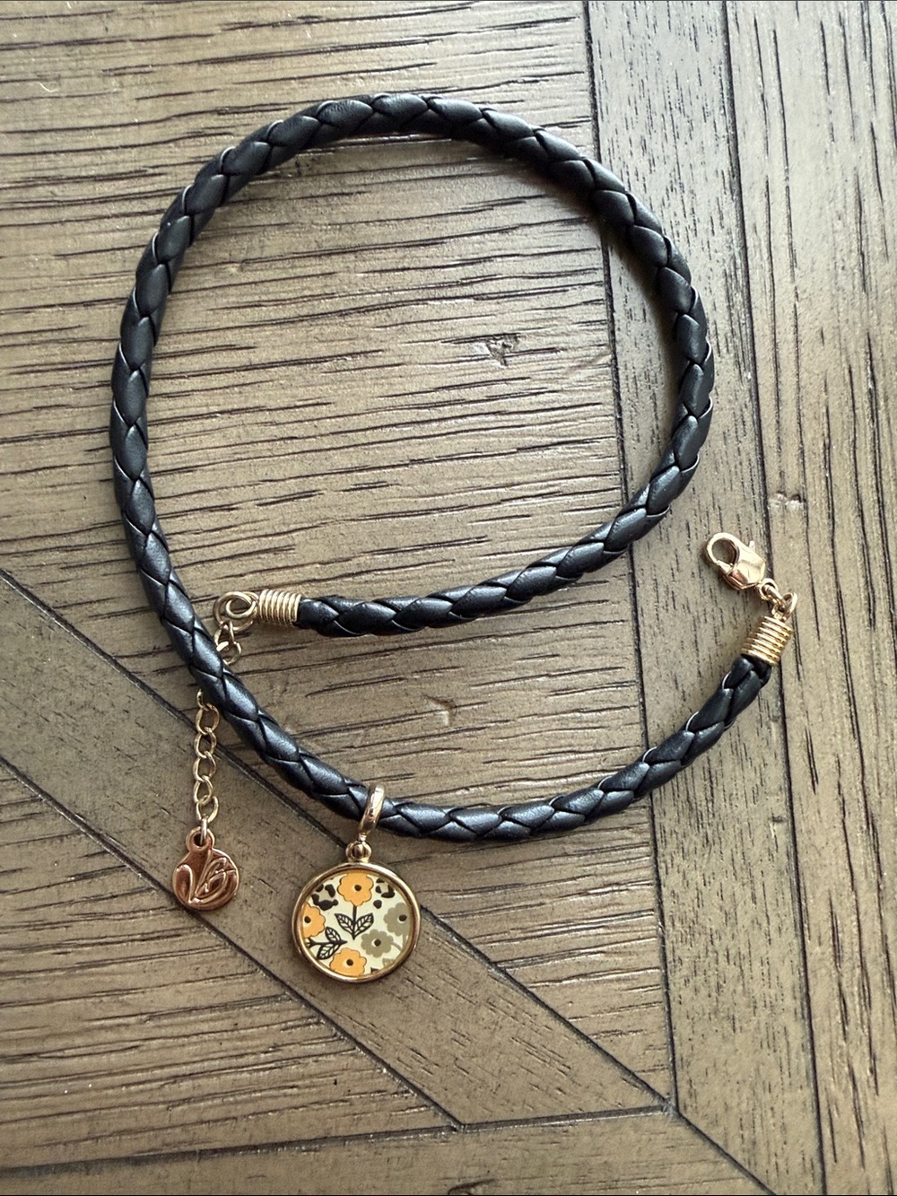 Vera Bradley Black Braided Leather Wrap Bracelet with Gold Floral Pendant